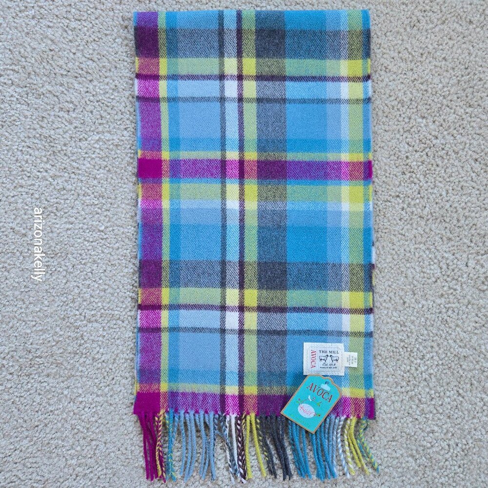 NWT Merino Wool Plaid Scarf AVOCA Ireland Blue & Purple Plaid